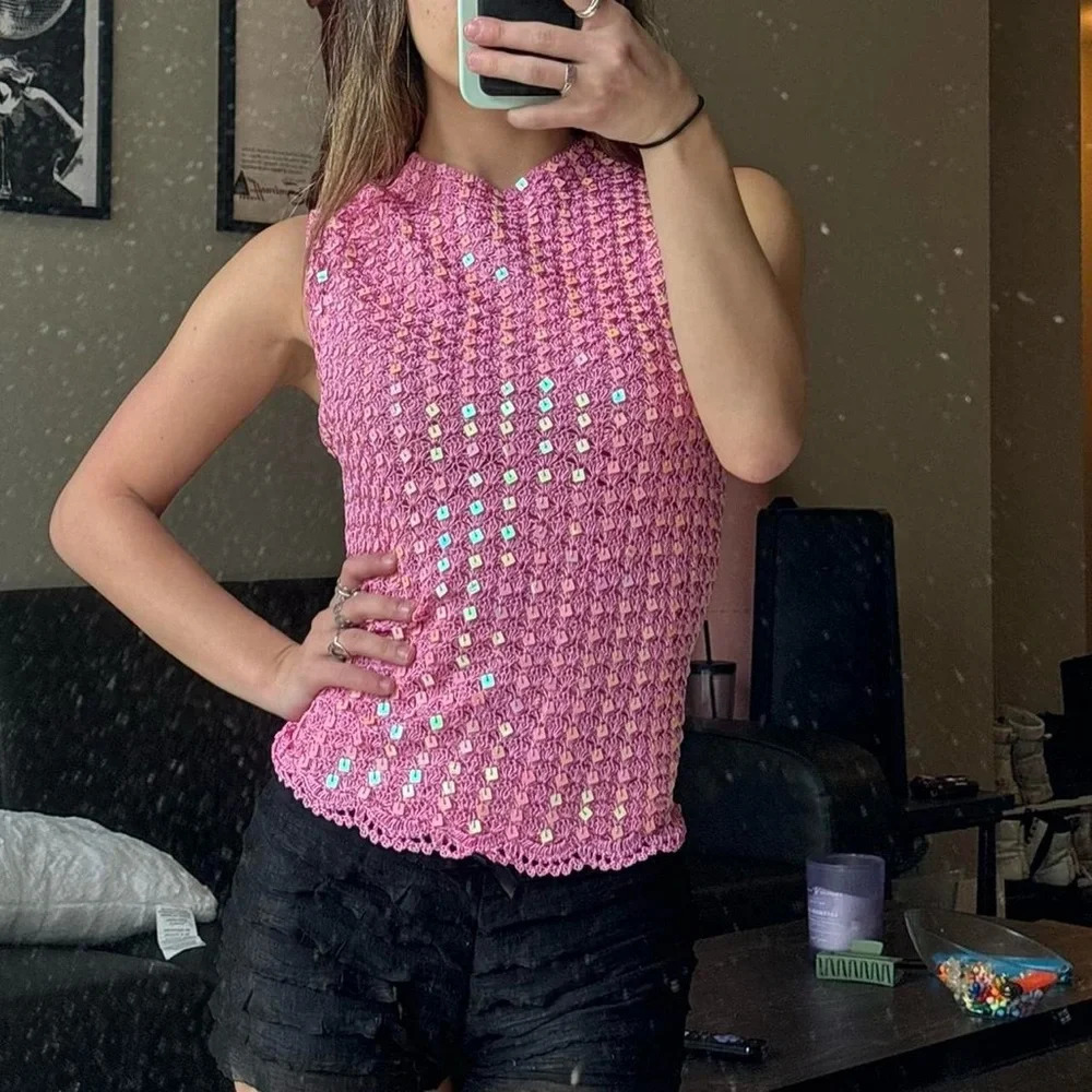Hot Pink vintage y2k viral crochet beaded bead sequin embellished tank top